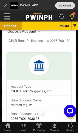 Step 3: Please copy the beneficiary bank account information of bookmaker BWINPH to transfer money